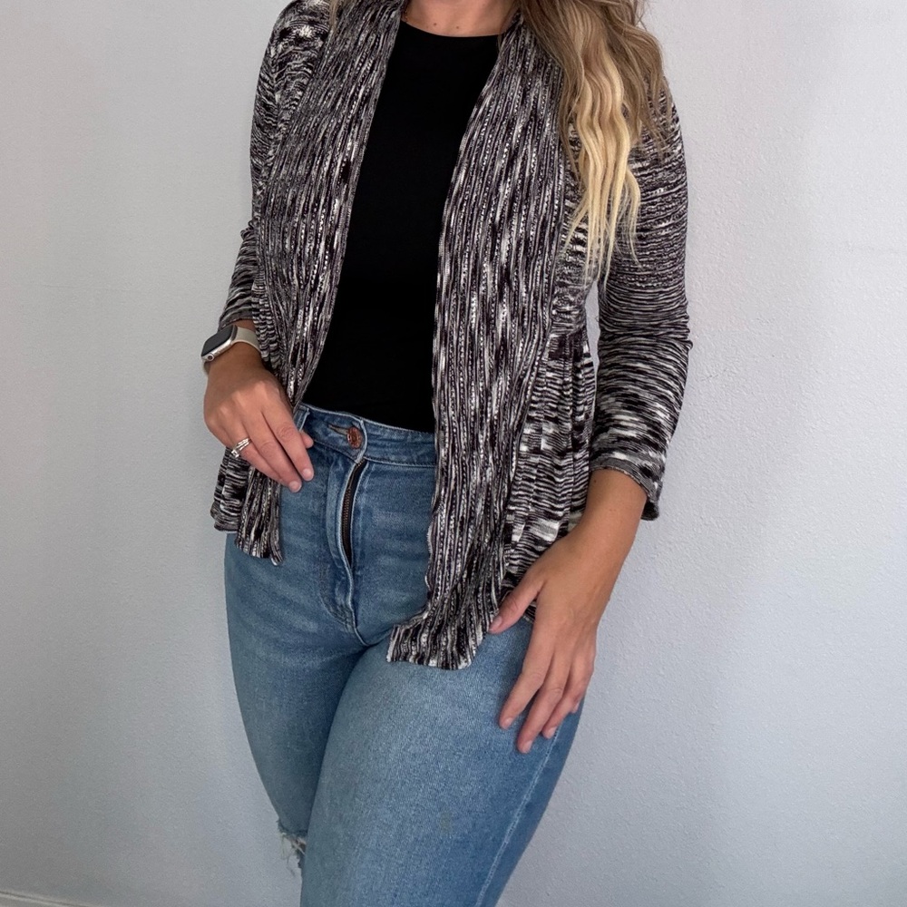 Calessa Striped Peplum Cardigan Black and White Small